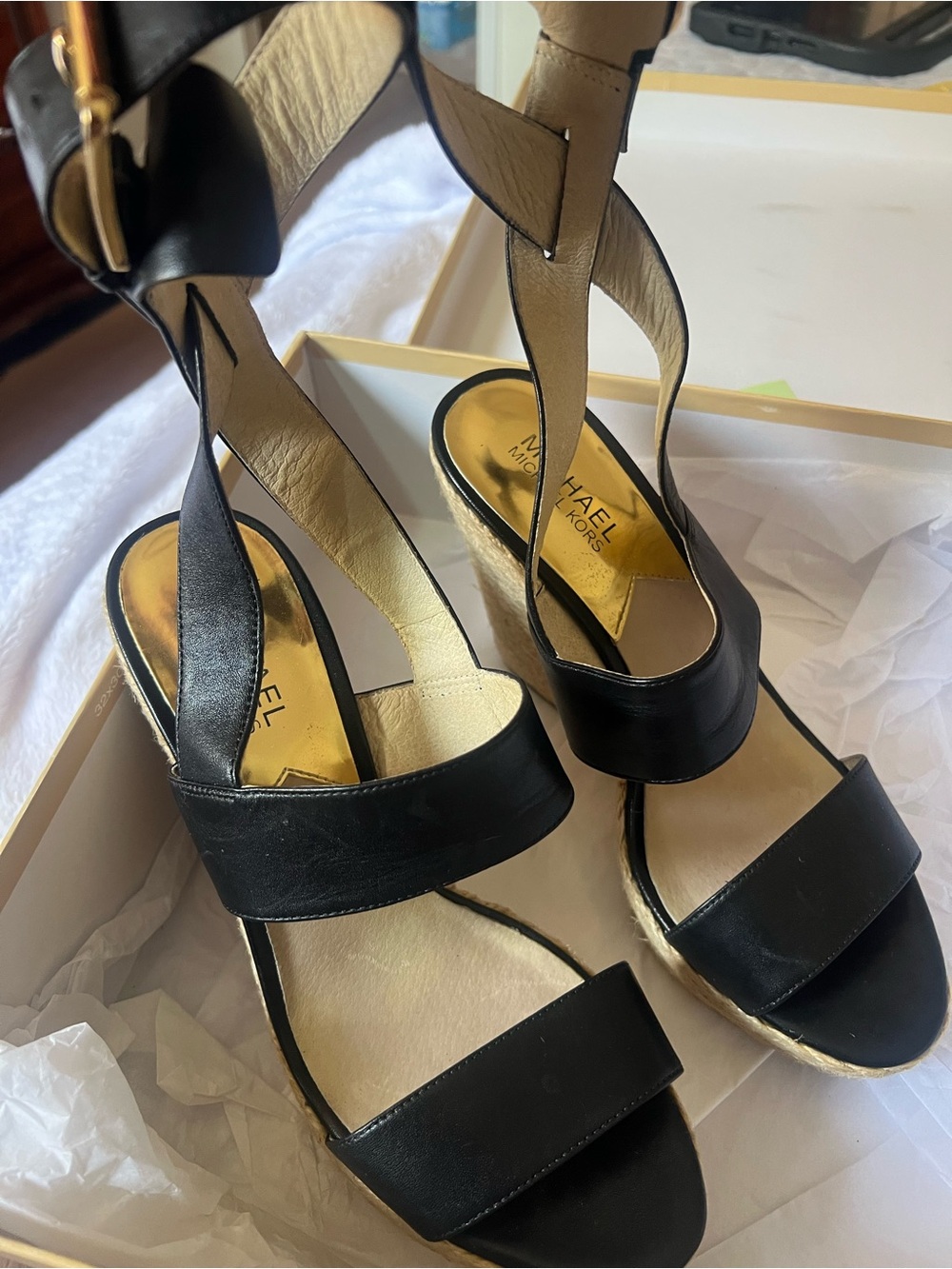 Michael Kors Black Leather Wedge Pump Sandals
